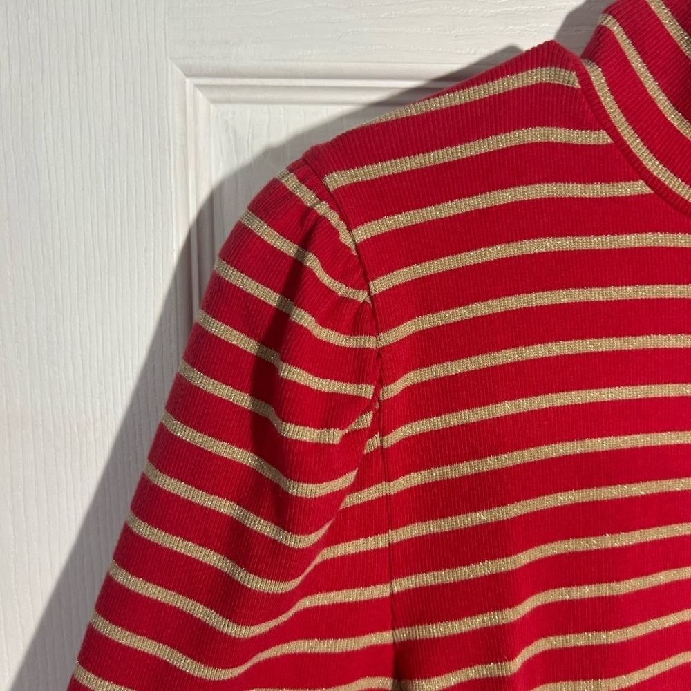 J. Crew Puff-sleeve sparkle stripe turtleneck red gold size XL - Picture 6 of 13